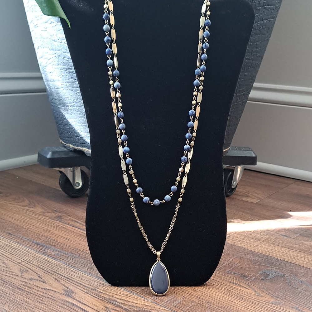 Dress Barn Navy Blue and Gold Double Strand Necklace